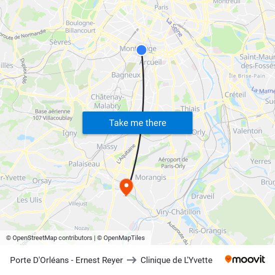 Porte D'Orléans - Ernest Reyer to Clinique de L'Yvette map