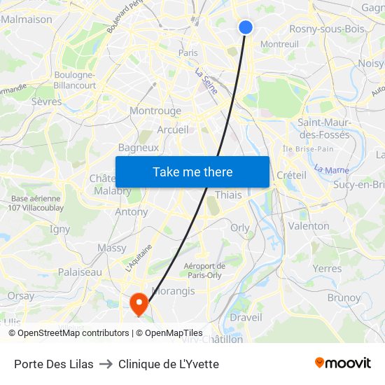 Porte Des Lilas to Clinique de L'Yvette map