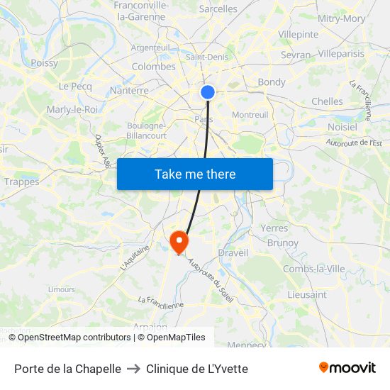 Porte de la Chapelle to Clinique de L'Yvette map
