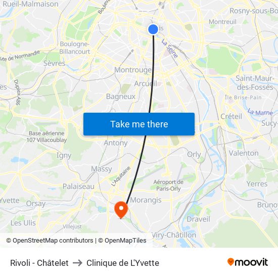 Rivoli - Châtelet to Clinique de L'Yvette map