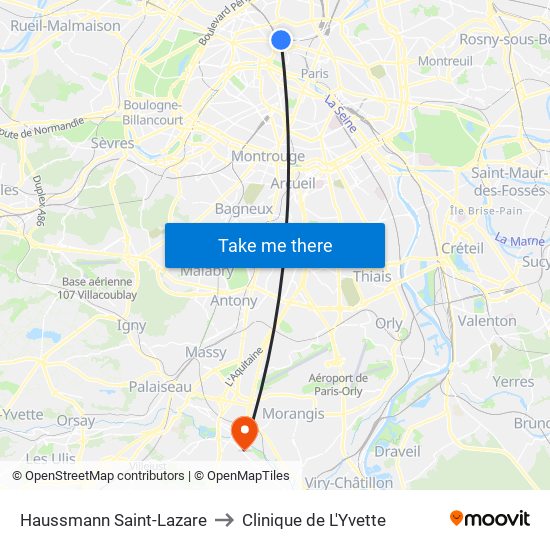 Haussmann Saint-Lazare to Clinique de L'Yvette map