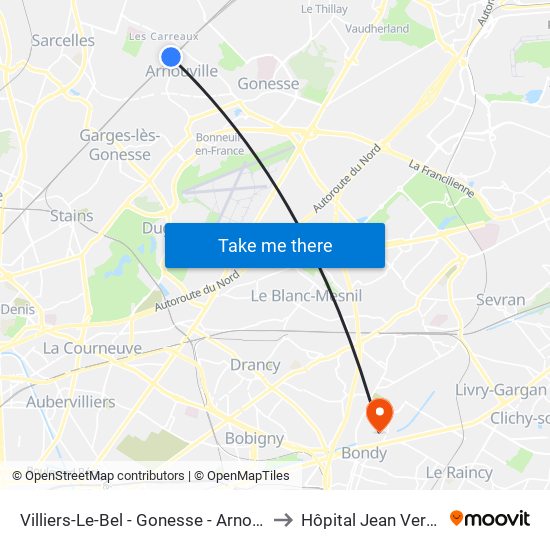 Villiers-Le-Bel - Gonesse - Arnouville to Hôpital Jean Verdier map