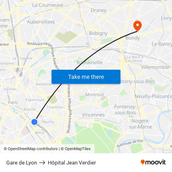Gare de Lyon to Hôpital Jean Verdier map