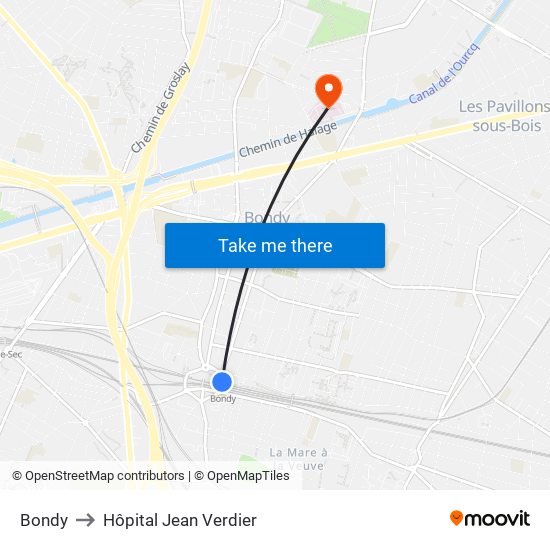 Bondy to Hôpital Jean Verdier map