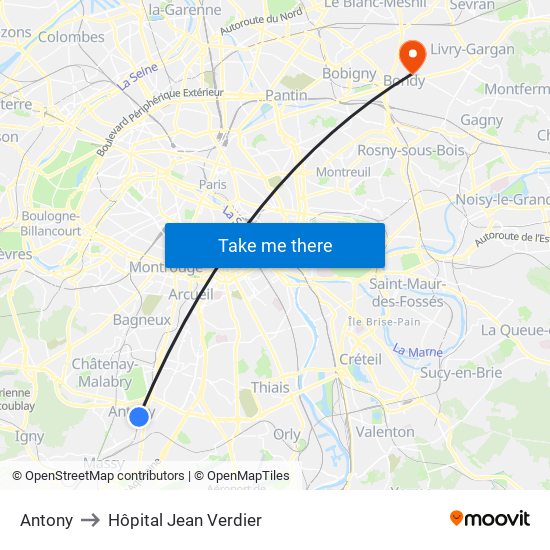 Antony to Hôpital Jean Verdier map