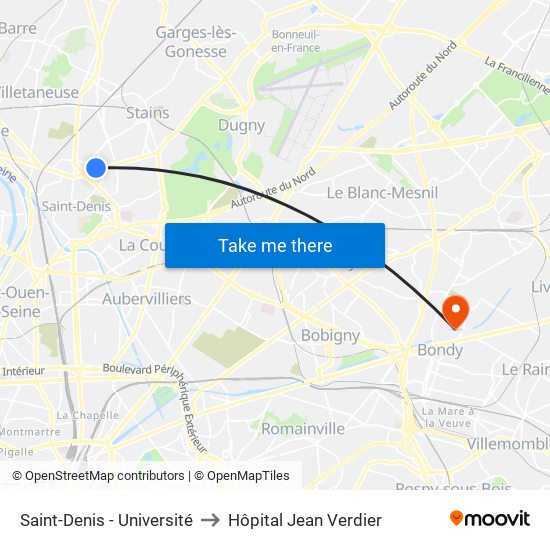 Saint-Denis - Université to Hôpital Jean Verdier map