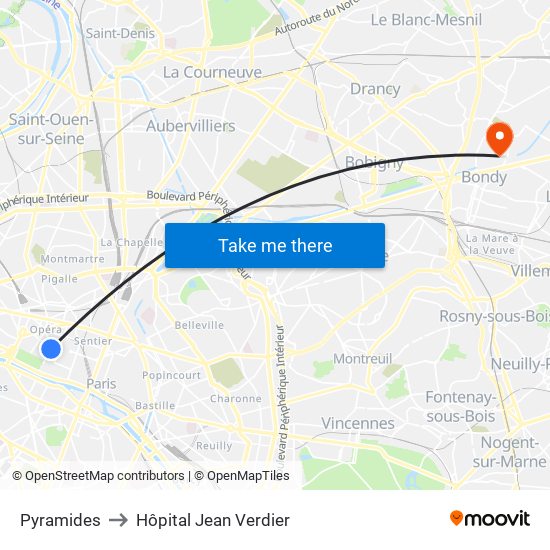 Pyramides to Hôpital Jean Verdier map