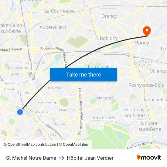 St Michel Notre Dame to Hôpital Jean Verdier map