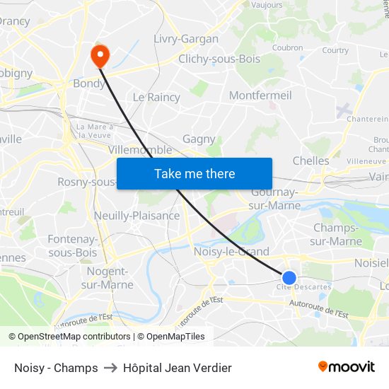Noisy - Champs to Hôpital Jean Verdier map