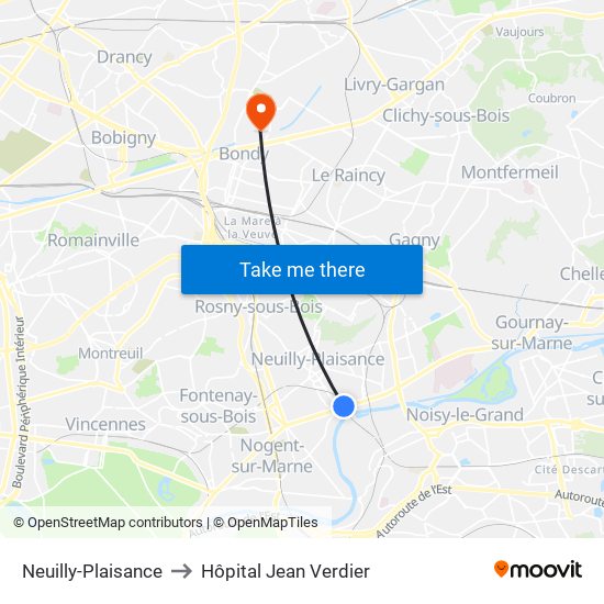 Neuilly-Plaisance to Hôpital Jean Verdier map