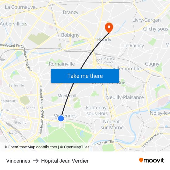 Vincennes to Hôpital Jean Verdier map