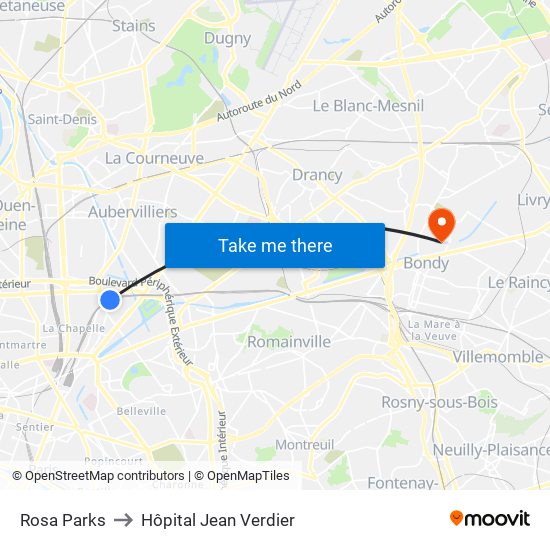 Rosa Parks to Hôpital Jean Verdier map