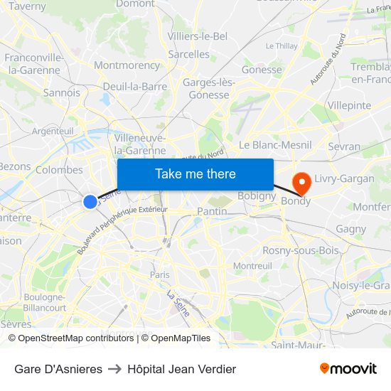 Gare D'Asnieres to Hôpital Jean Verdier map