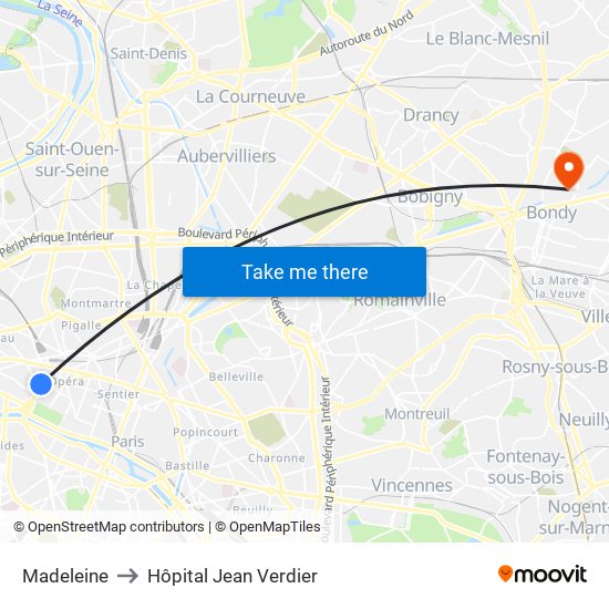 Madeleine to Hôpital Jean Verdier map