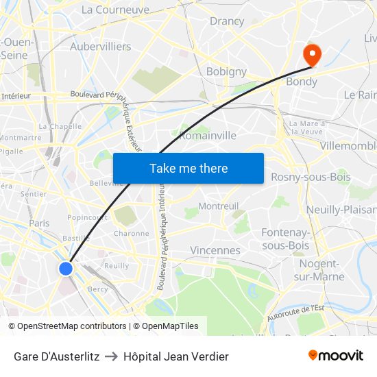 Gare D'Austerlitz to Hôpital Jean Verdier map