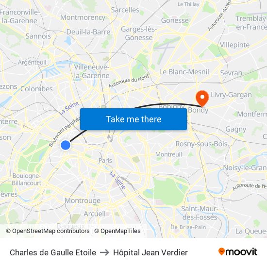 Charles de Gaulle Etoile to Hôpital Jean Verdier map