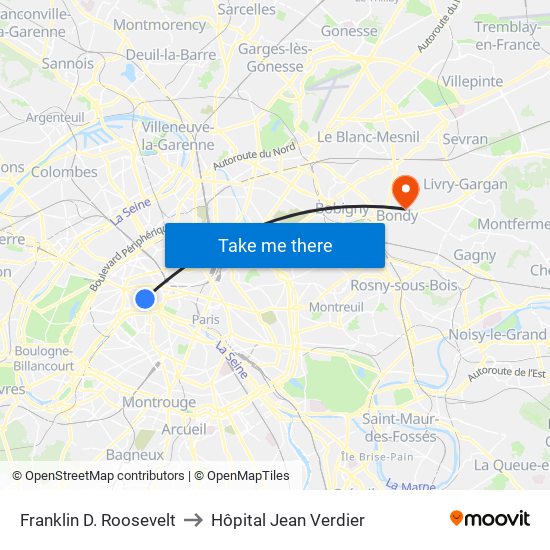 Franklin D. Roosevelt to Hôpital Jean Verdier map