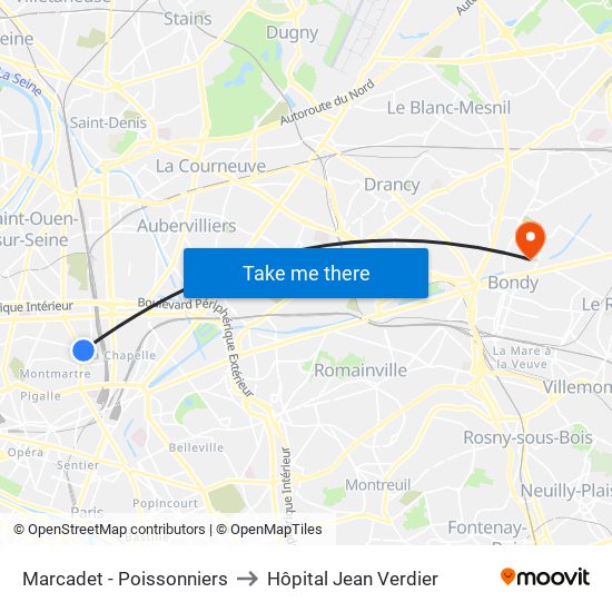Marcadet - Poissonniers to Hôpital Jean Verdier map