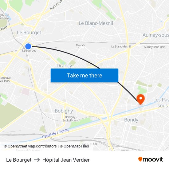 Le Bourget to Hôpital Jean Verdier map