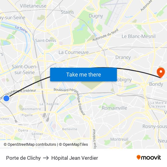 Porte de Clichy to Hôpital Jean Verdier map