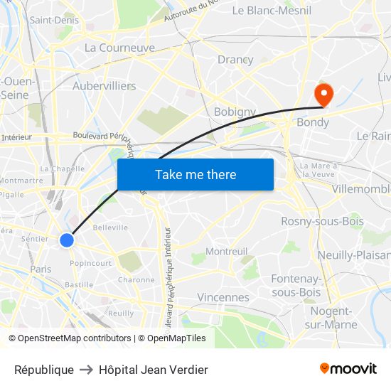 République to Hôpital Jean Verdier map