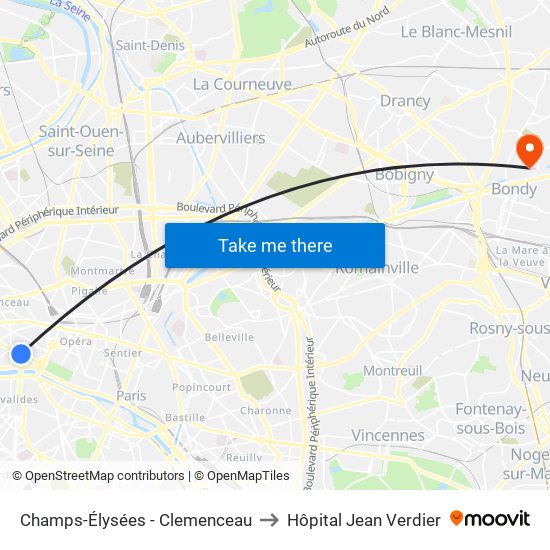 Champs-Élysées - Clemenceau to Hôpital Jean Verdier map
