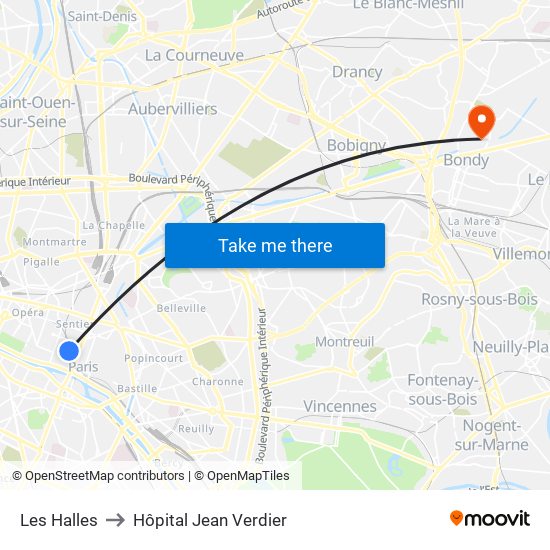 Les Halles to Hôpital Jean Verdier map
