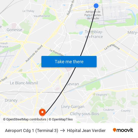 Aéroport Cdg 1 (Terminal 3) to Hôpital Jean Verdier map