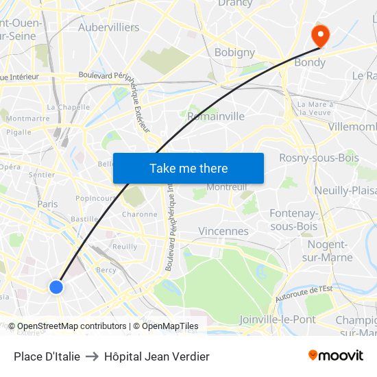 Place D'Italie to Hôpital Jean Verdier map