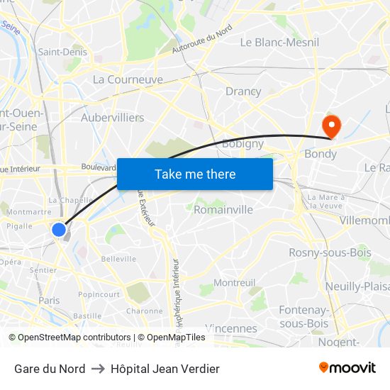 Gare du Nord to Hôpital Jean Verdier map