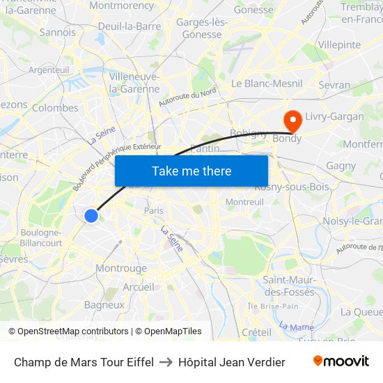 Champ de Mars Tour Eiffel to Hôpital Jean Verdier map