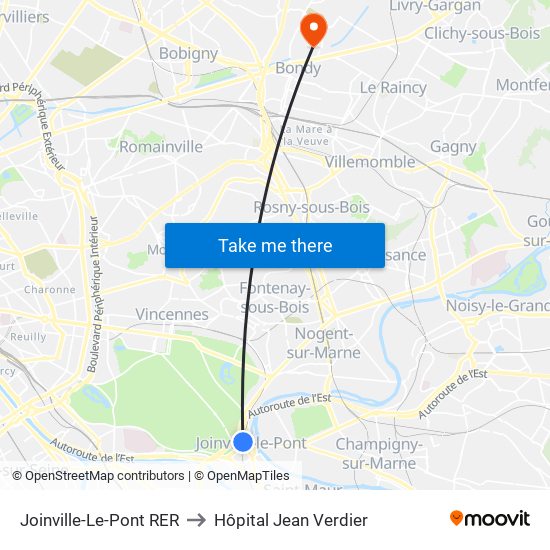 Joinville-Le-Pont RER to Hôpital Jean Verdier map