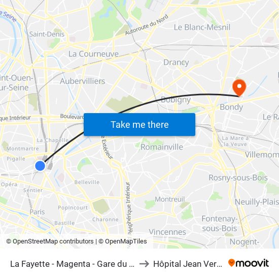 La Fayette - Magenta - Gare du Nord to Hôpital Jean Verdier map