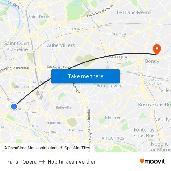 Paris - Opéra to Hôpital Jean Verdier map