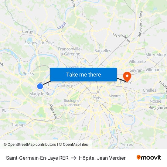 Saint-Germain-En-Laye RER to Hôpital Jean Verdier map