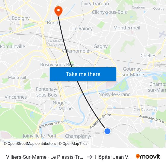 Villiers-Sur-Marne - Le Plessis-Trévise RER to Hôpital Jean Verdier map