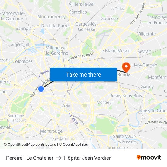Pereire - Le Chatelier to Hôpital Jean Verdier map