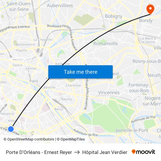 Porte D'Orléans - Ernest Reyer to Hôpital Jean Verdier map