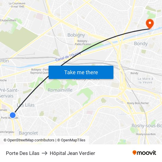 Porte Des Lilas to Hôpital Jean Verdier map