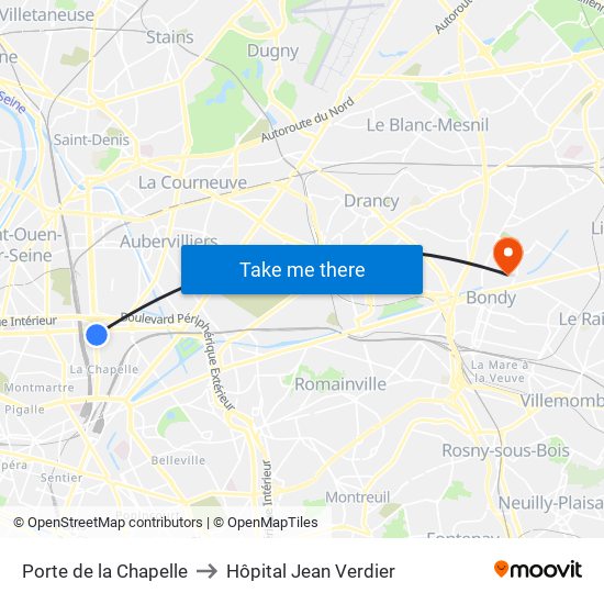Porte de la Chapelle to Hôpital Jean Verdier map