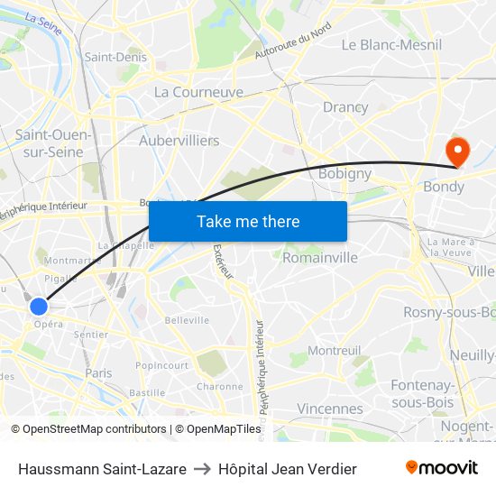 Haussmann Saint-Lazare to Hôpital Jean Verdier map