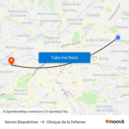 Sevran Beaudottes to Clinique de la Défense map