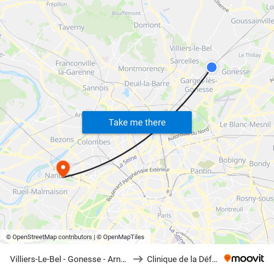 Villiers-Le-Bel - Gonesse - Arnouville to Clinique de la Défense map