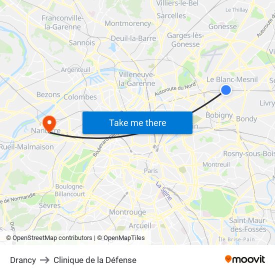Drancy to Clinique de la Défense map
