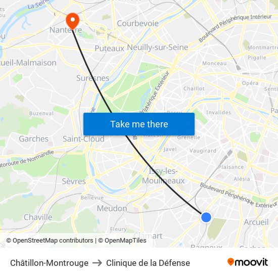 Châtillon-Montrouge to Clinique de la Défense map
