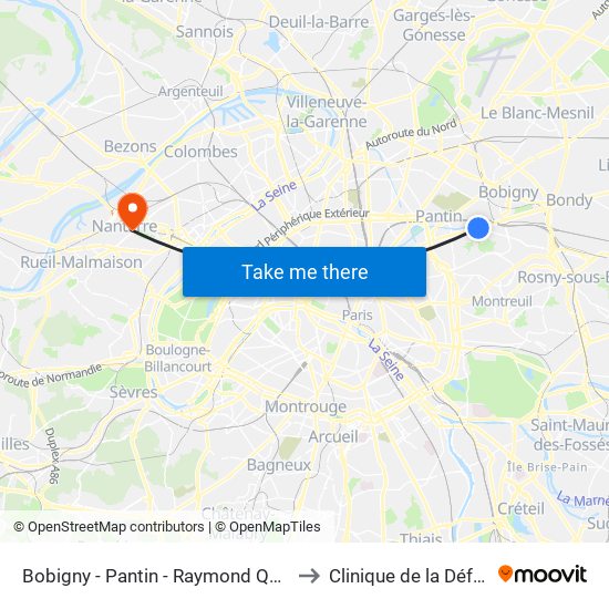 Bobigny - Pantin - Raymond Queneau to Clinique de la Défense map