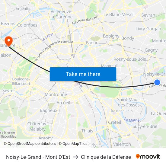 Noisy-Le-Grand - Mont D'Est to Clinique de la Défense map