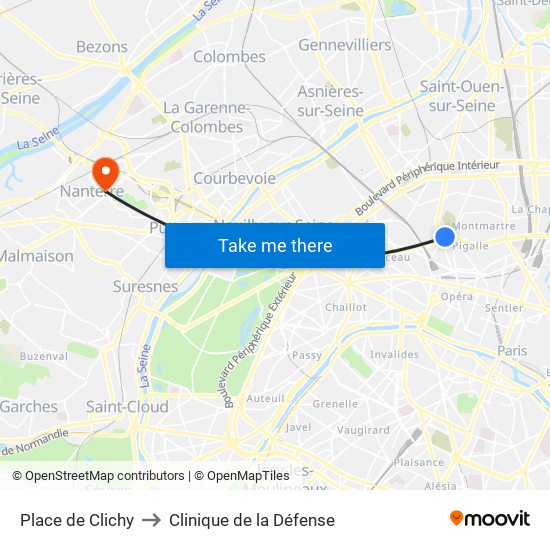 Place de Clichy to Clinique de la Défense map