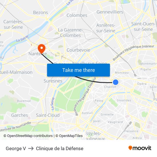 George V to Clinique de la Défense map