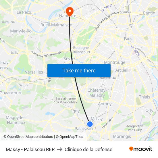 Massy - Palaiseau RER to Clinique de la Défense map
